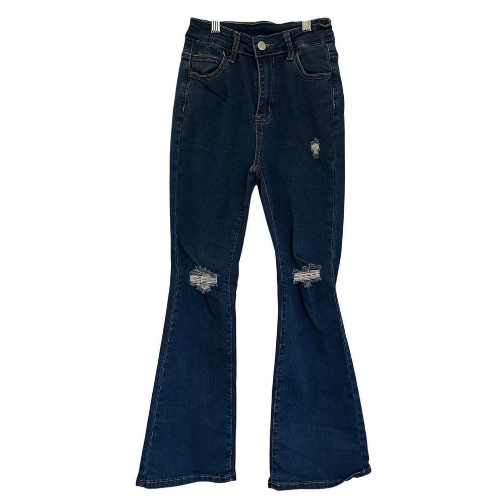 Dark Wash Distressed Flare Jeans sz Petite XS High Rise Dark Wash Jeans